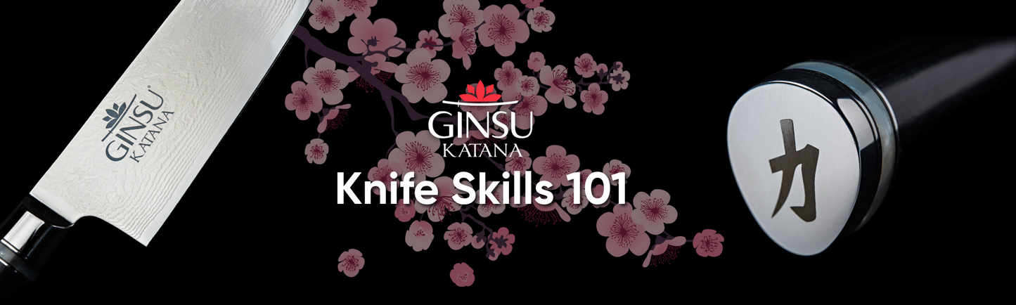 Knife Skills 101 with a Ginsu Katana knife and cherry blossom background.