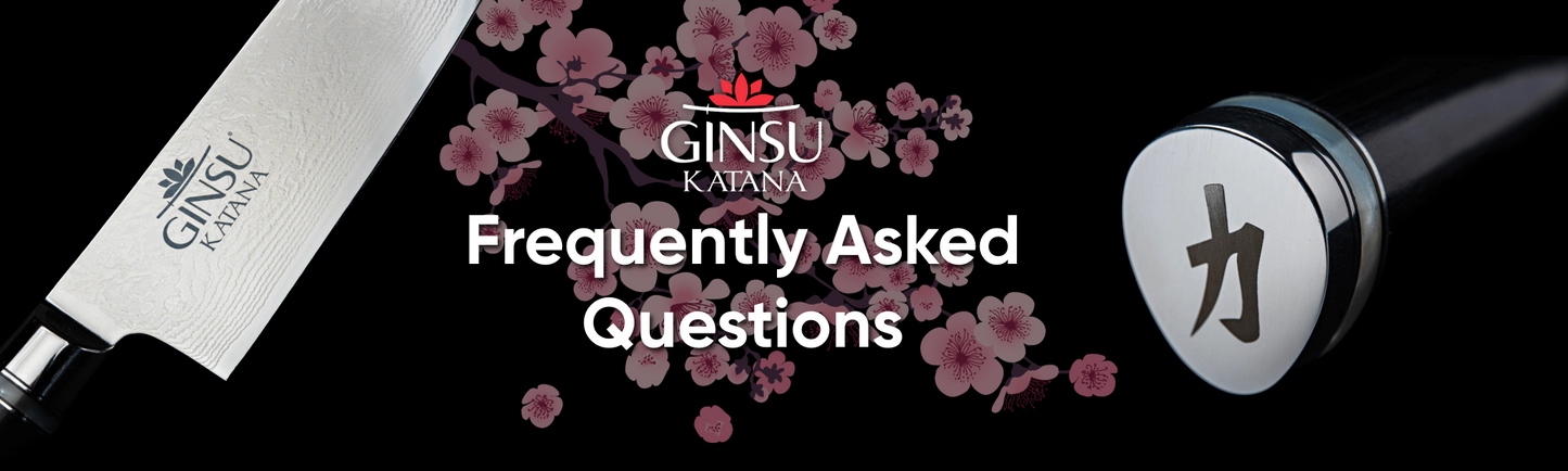 Ginsu Katana knives with cherry blossoms and text 'Frequently Asked Questions' against a black background.